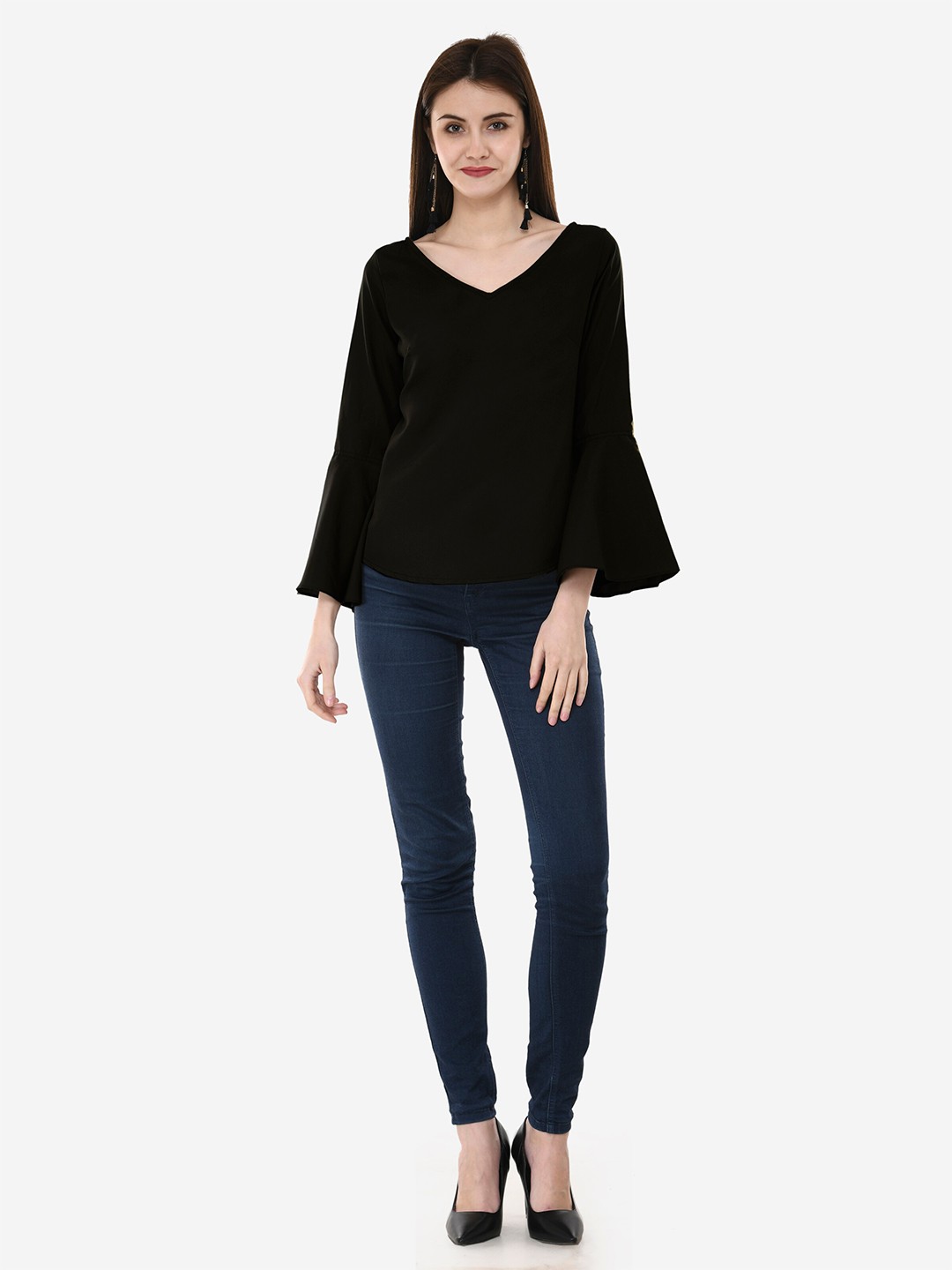 

V&M V-Neck Bell Sleeve Top, Black