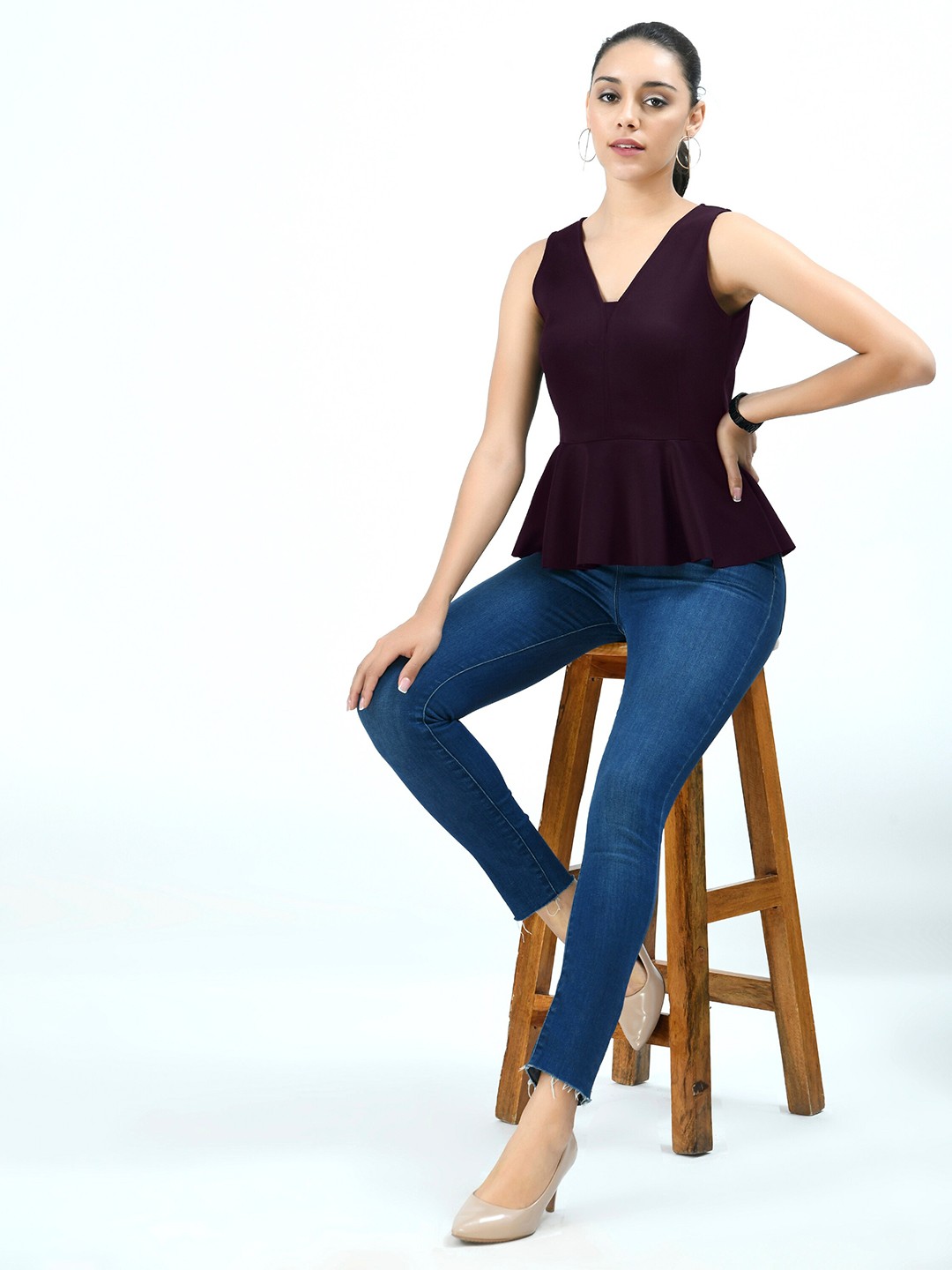

V&M V-Neck Sleeveless Peplum Top, Burgundy