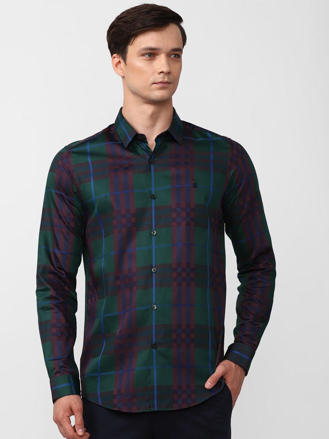 

SIMON CARTER LONDON Slim Fit Tartan Checks Spread Collar Long Sleeves Cotton Casual Shirt, Green