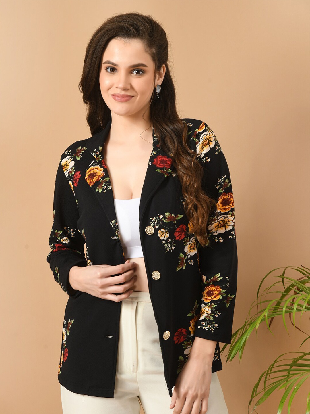 

BAESD Floral Printed Long Sleeves Button Shrug, Black