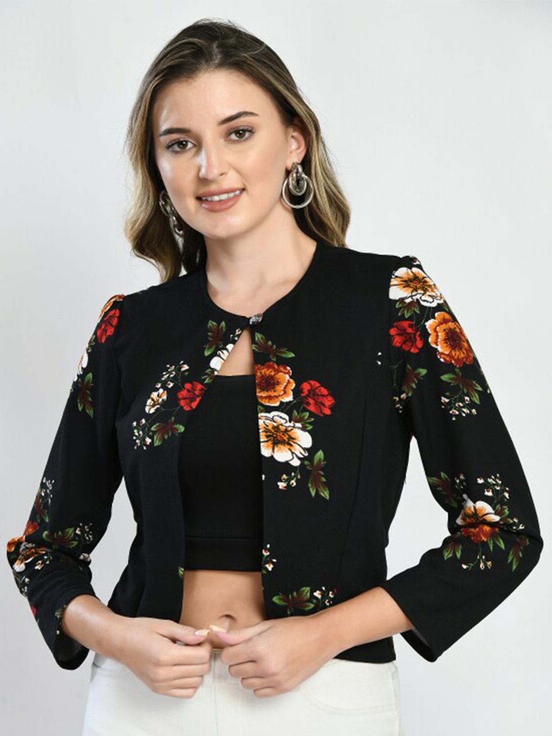 

BAESD Women Printed Button Shrug, Black