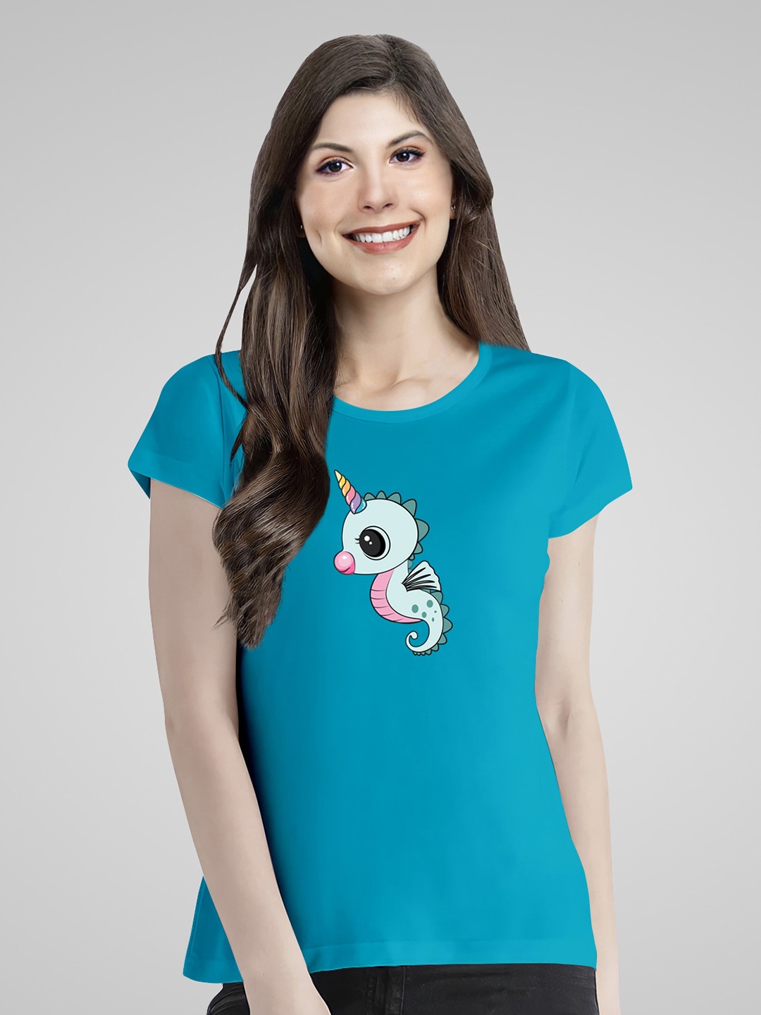 

Pootlu Graphic Printed Round Neck Pure Cotton T-shirt, Turquoise blue