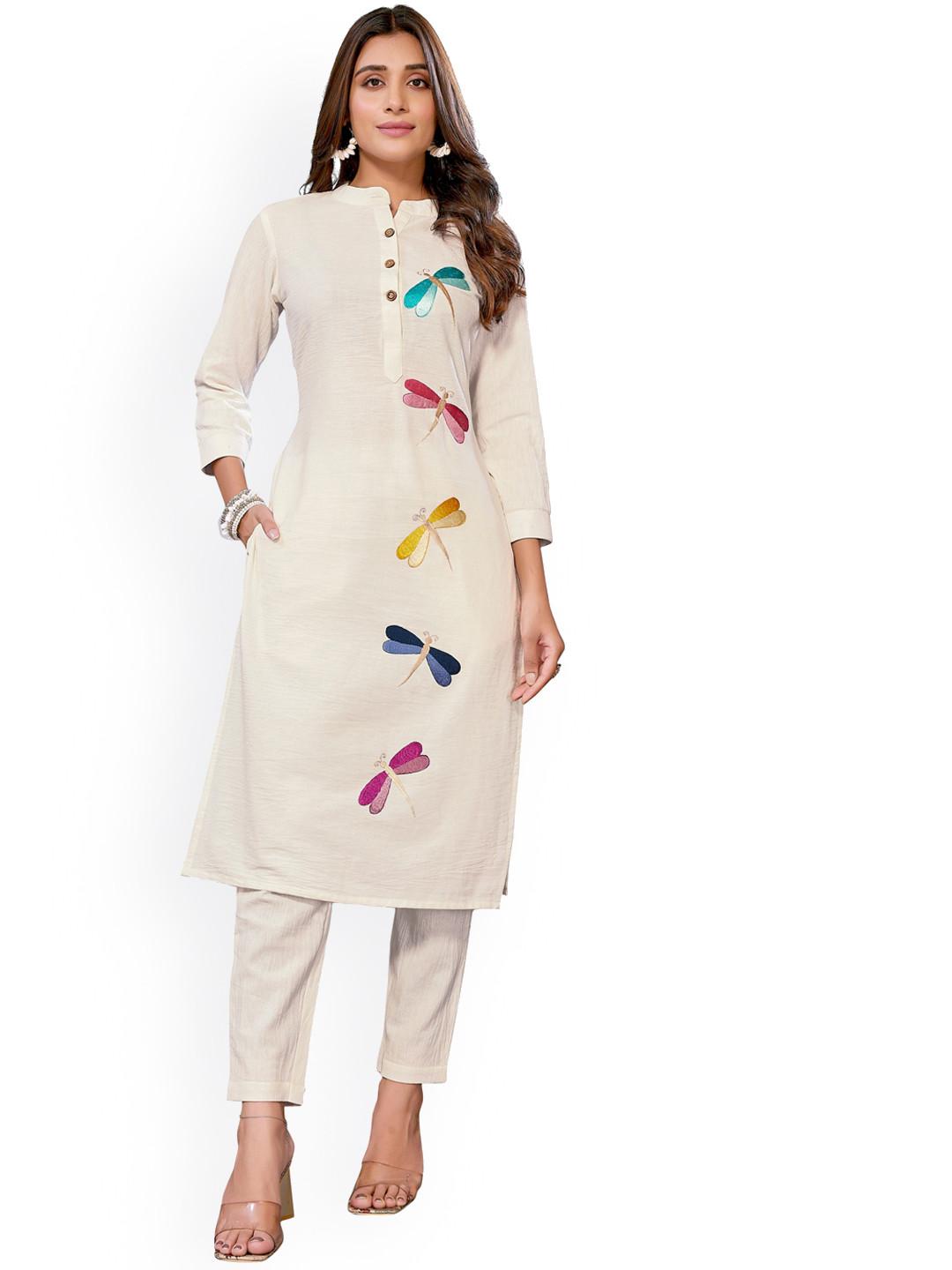

Krimmple Women Embroidered Regular Thread Work Pure Cotton Kurta with Trousers, Beige