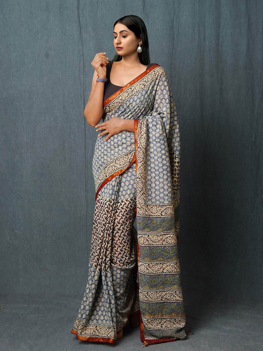 

Unnati Silks Embellished Silk Cotton Handloom Chanderi Saree, Blue