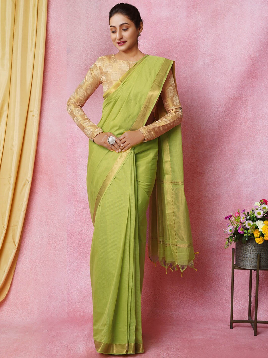 

Unnati Silks Zari Pure Cotton Handloom Mangalagiri Saree, Green