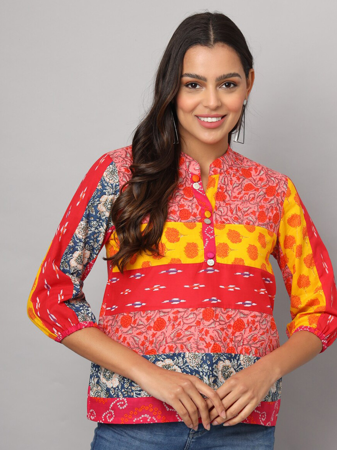 

FABRIC FITOOR Floral Printed Mandarin Collar Bohemian Cotton Top, Multi