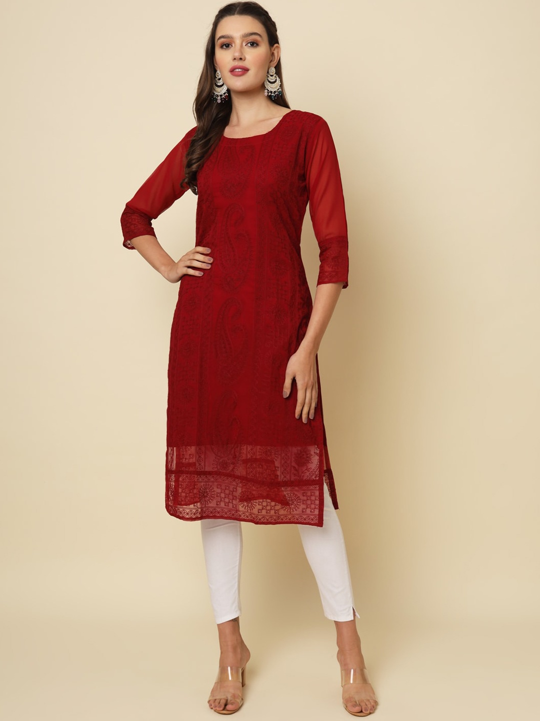 

VAIRAGEE Ethnic Motifs Embroidered Chikankari Straight Georgette Kurta, Red