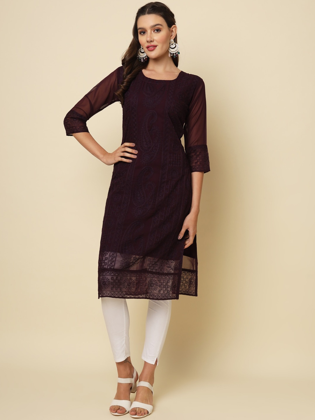 

VAIRAGEE Ethnic Motifs Embroidered Chikankari Georgette Kurta, Burgundy