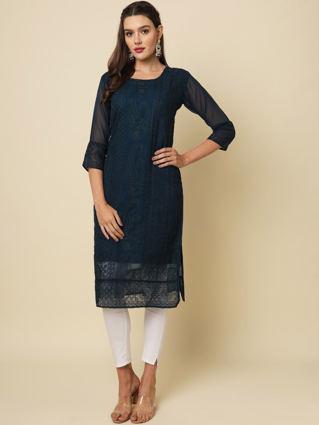 

VAIRAGEE Ethnic Motifs Embroidered Chikankari Georgette Kurta, Teal