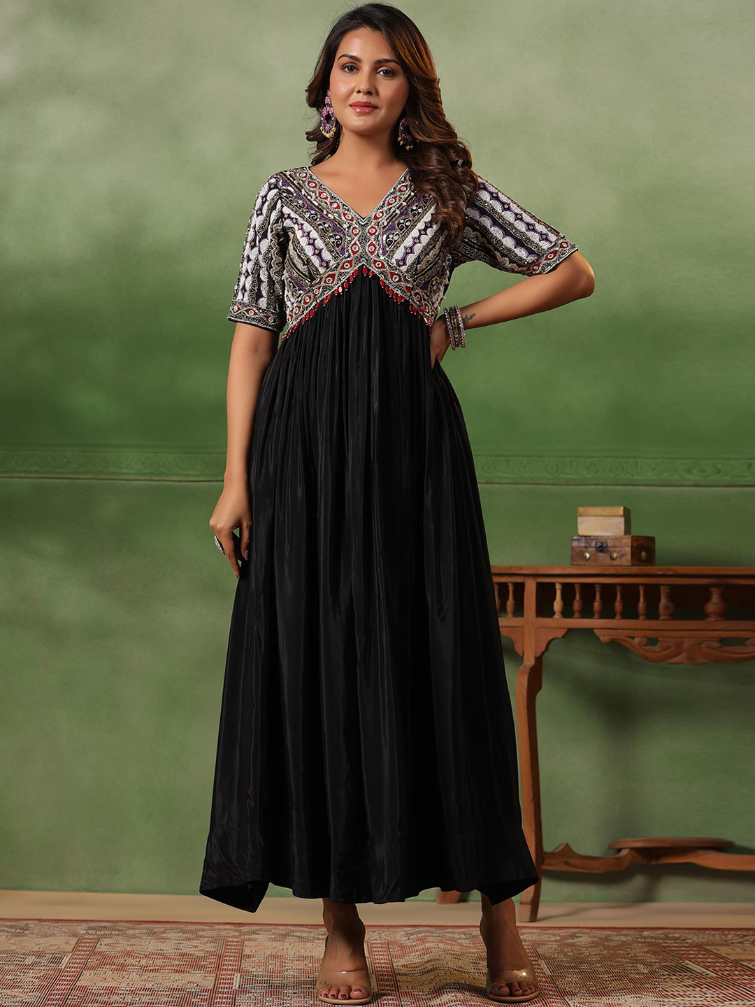 

SCAKHI Embellished Gown Maxi Ethnic Dresses, Black