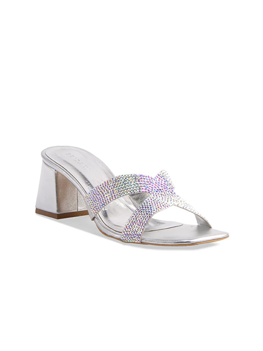 

ERIDANI Embellished Open Toe Block Heels, Silver