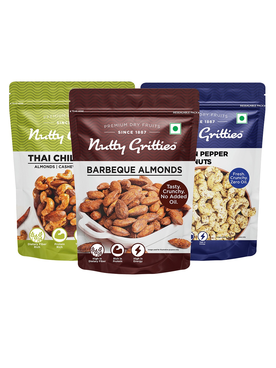 

Nutty Gritties 3Pcs Southern Pepper Cashews, Barbeque Almonds & Thai Chilli Blend -600g, White