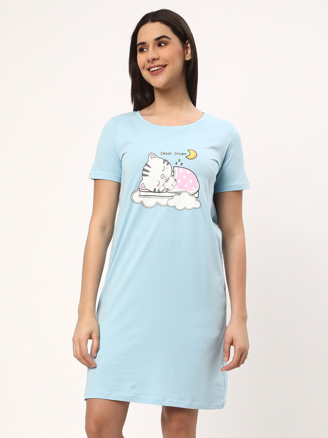

R&B Printed Round Neck T-shirt Dress, Blue