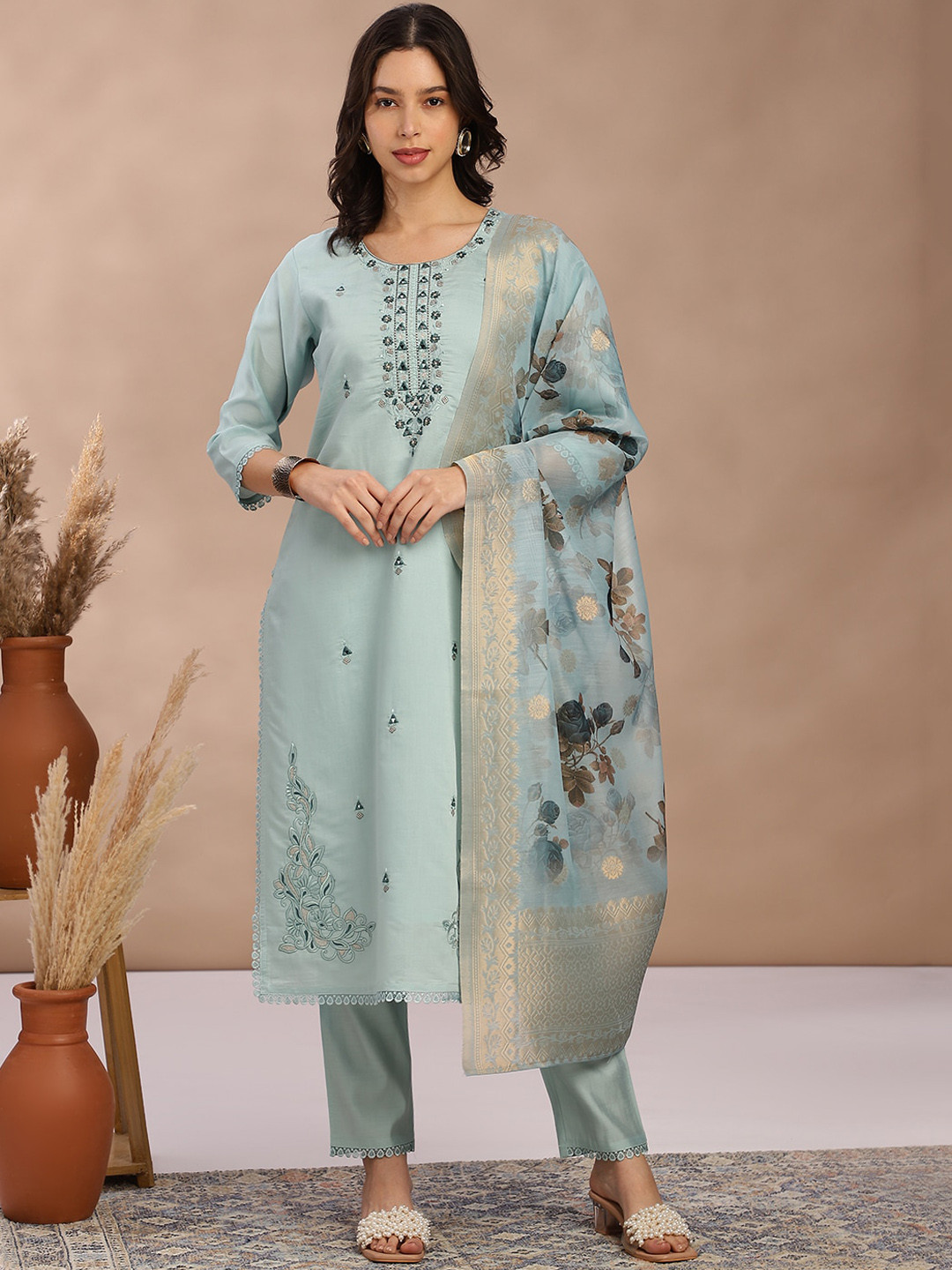

FABMORA Women Ethnic Motifs Embroidered Regular Mirror Work Pure Silk Kurta with Trousers & With Dupatta, Blue