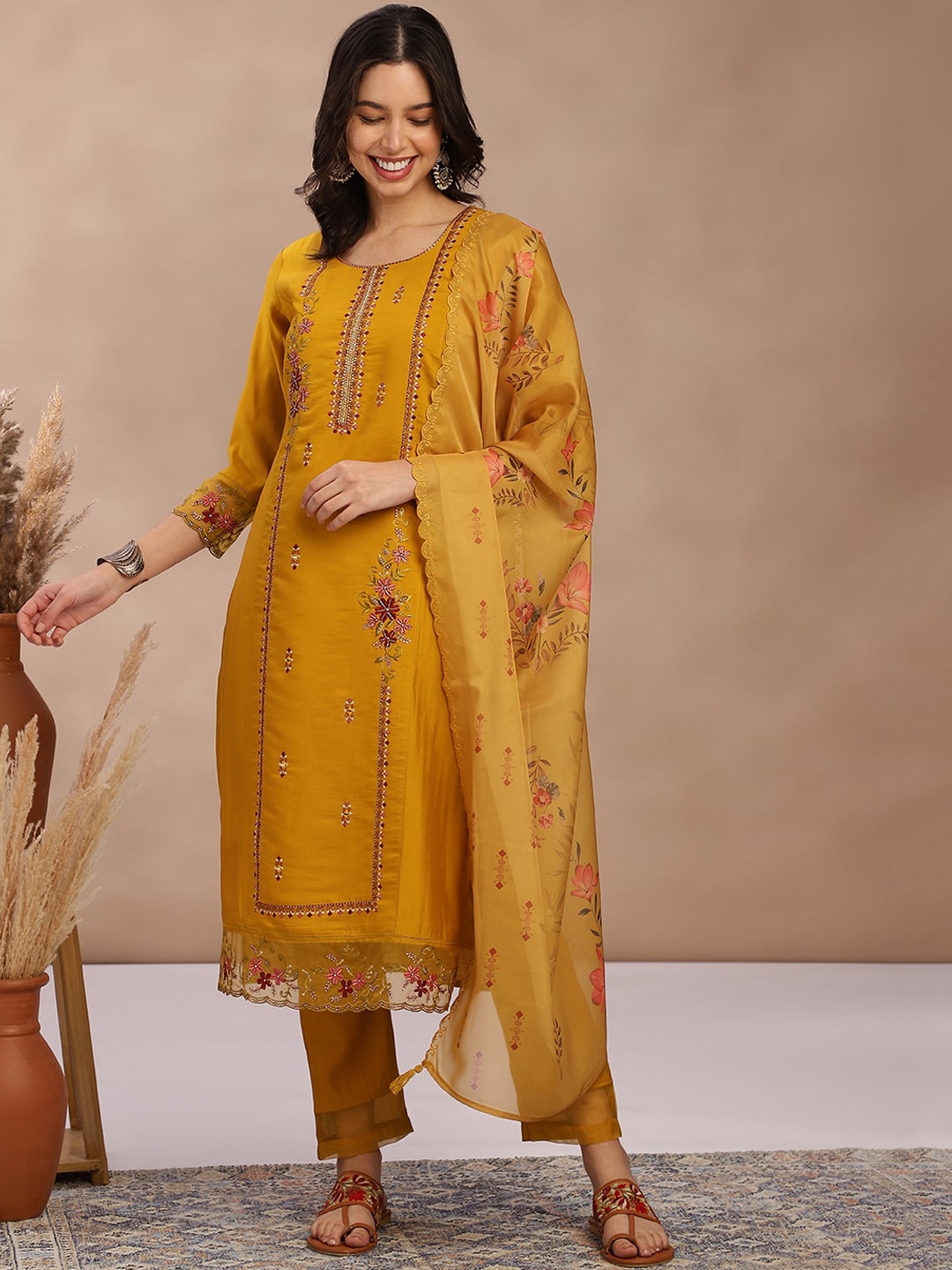 

FABMORA Women Ethnic Motifs Embroidered Regular Pure Silk Kurta with Trousers & With Dupatta, Yellow