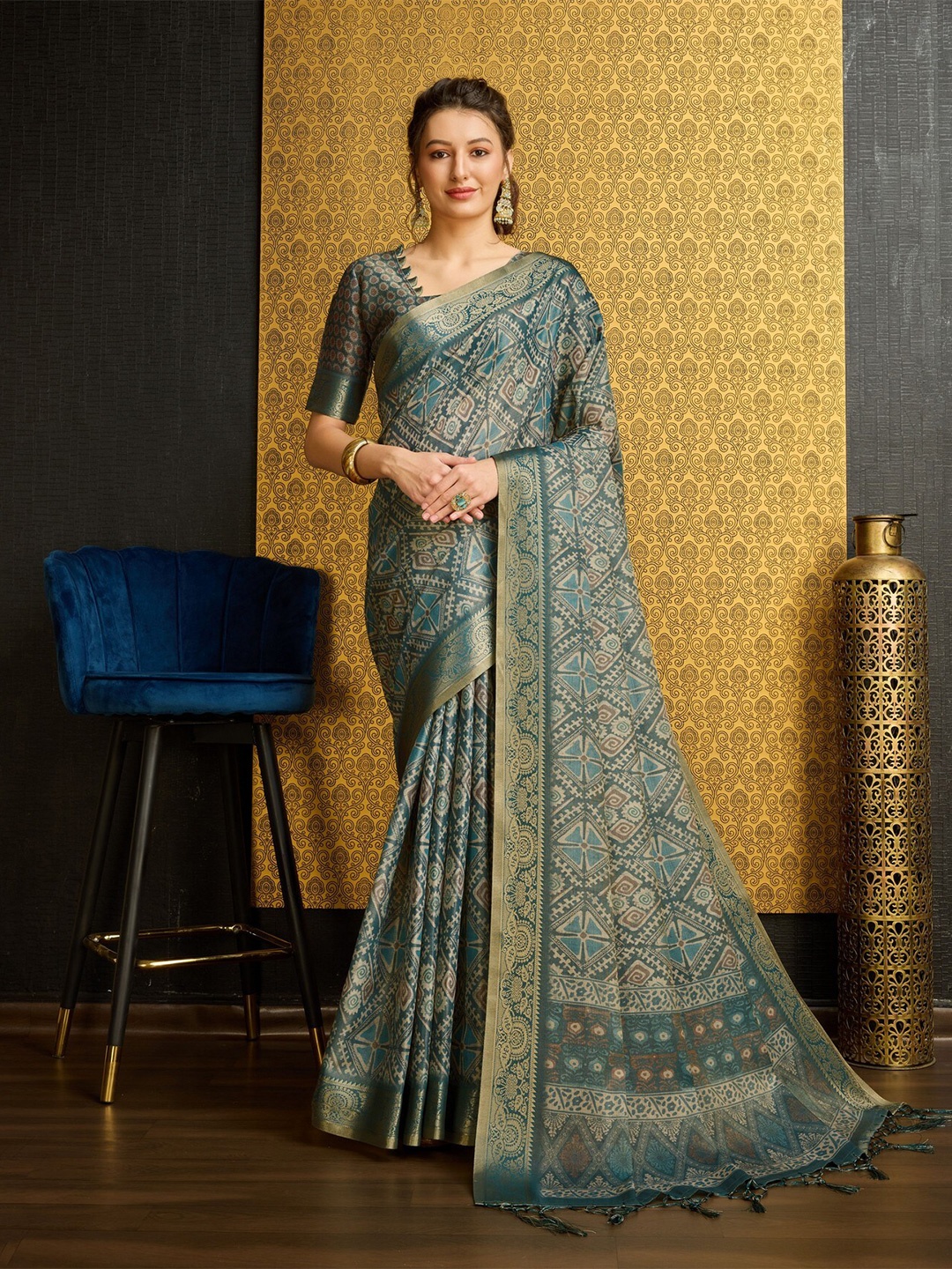 

Mitera Zari Pure Silk Printed Saree, Green