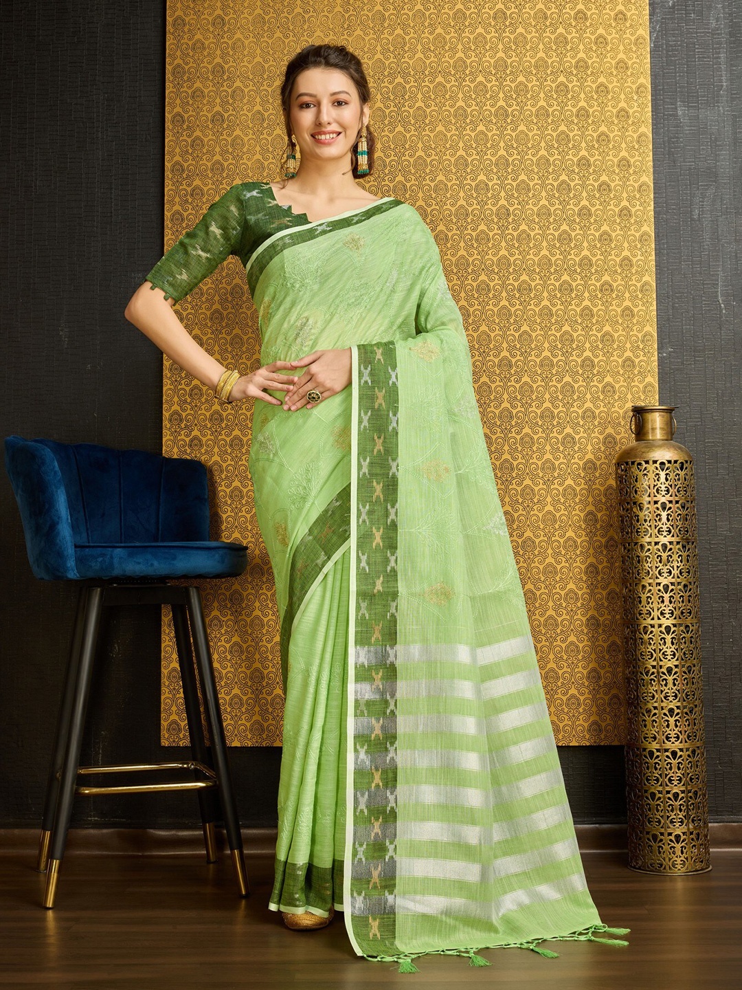 

Mitera Ethnic Motifs Zari Pure Linen Saree, Green