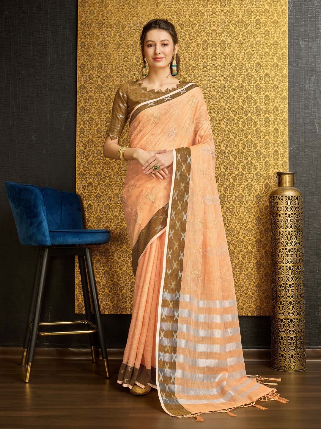 Mitera Embroidered Floral Zari Pure Linen Saree, Orange