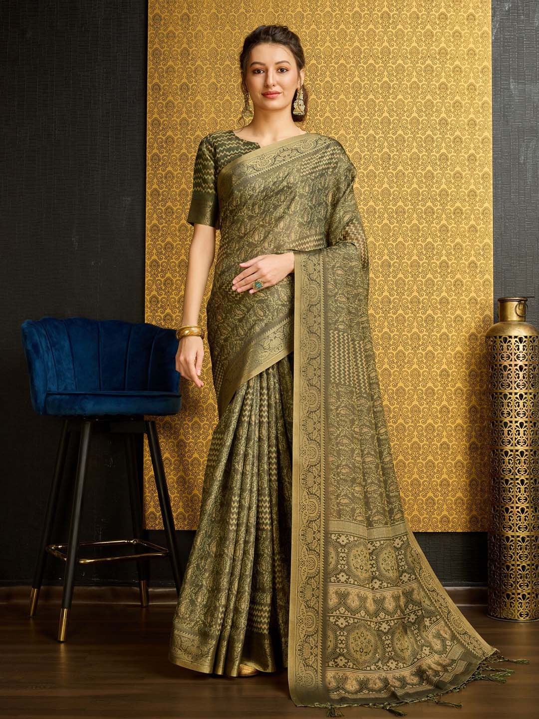 

Mitera Paisley Zari Pure Silk Saree, Lime green