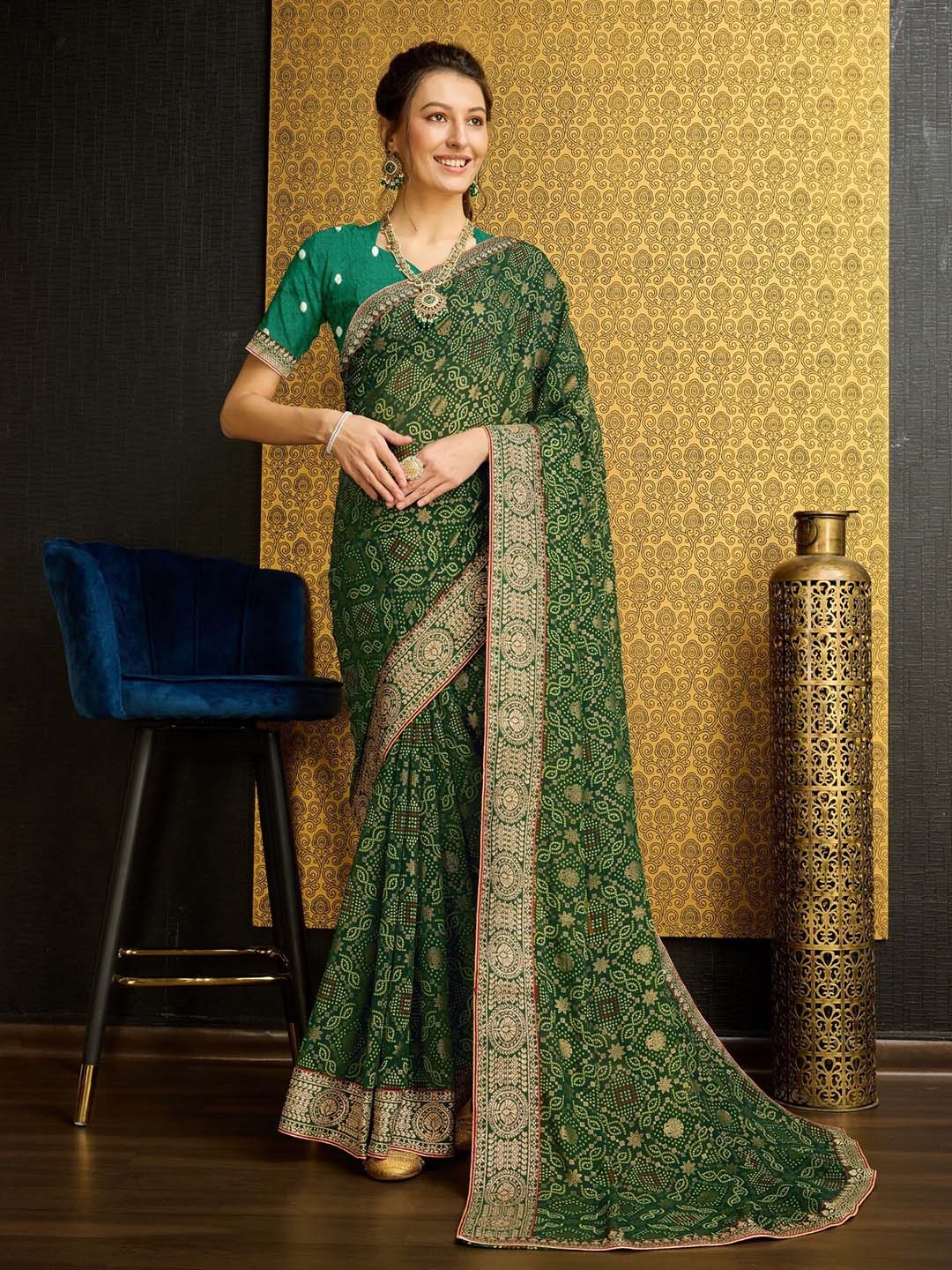 

Mitera Bandhani Zari Pure Georgette Saree, Olive