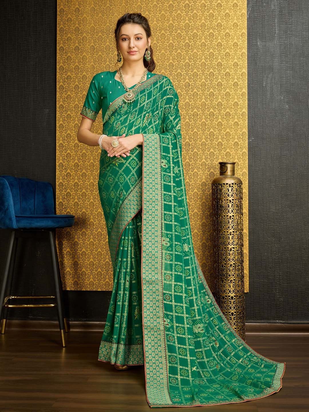 

Mitera Bandhani Zari Pure Georgette Saree, Green