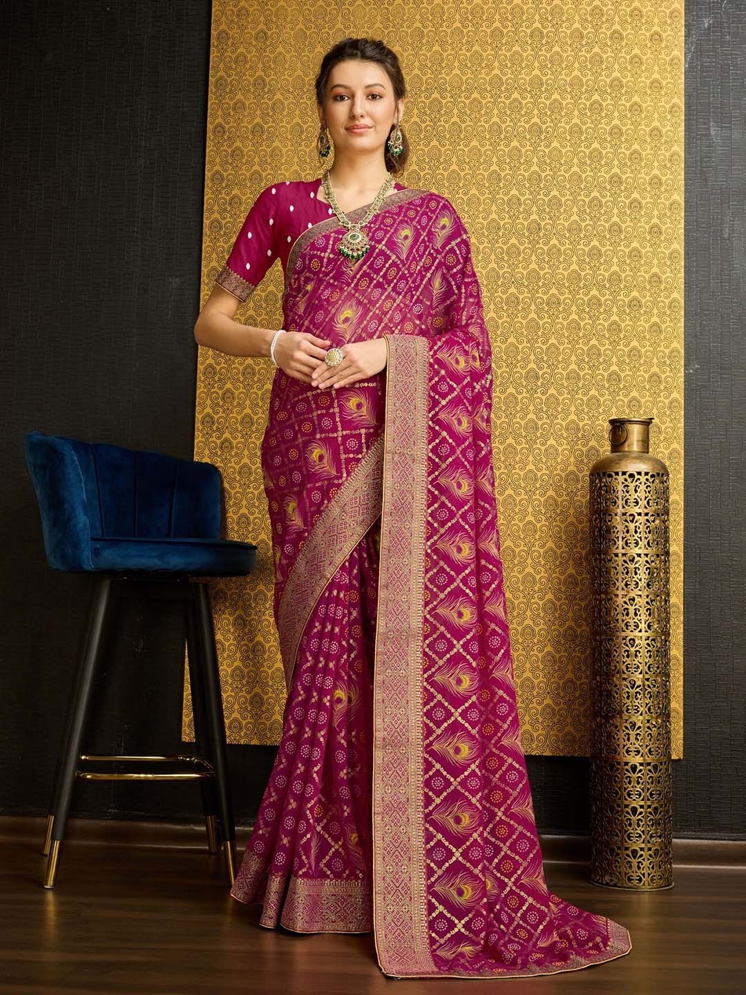 Mitera Bandhani Printed Zari Pure Georgette Saree, Fuchsia
