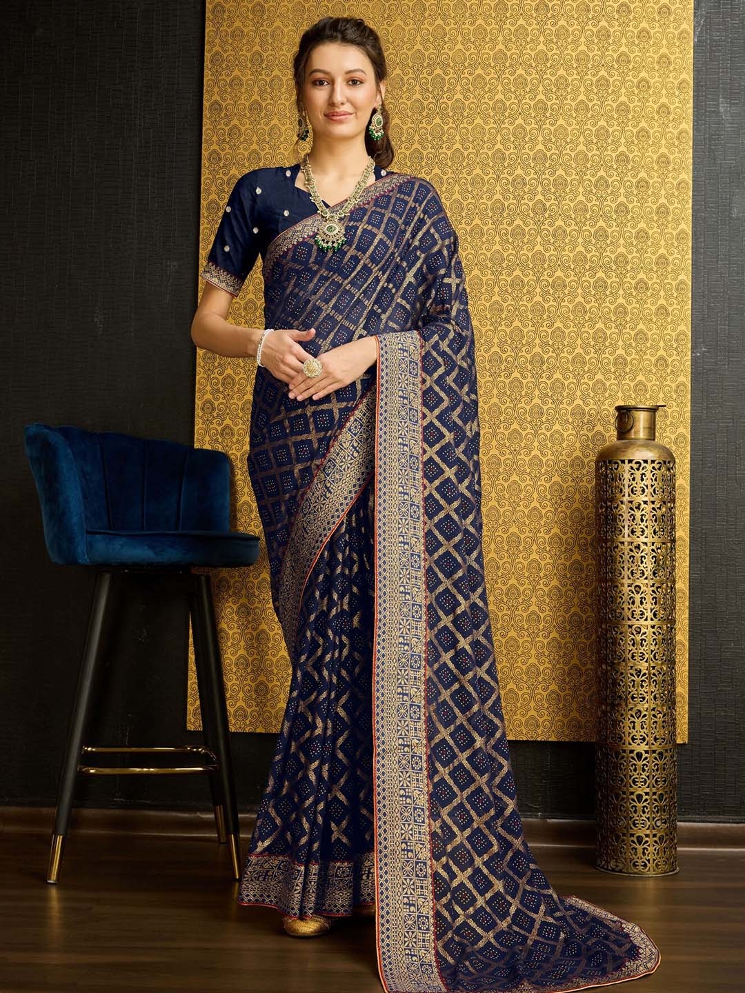 

Mitera Bandhani Printed Zari Pure Georgette Saree, Navy blue