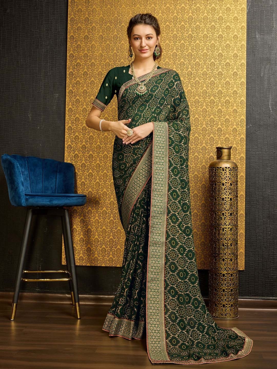 

Mitera Bandhani Printed Zari Pure Georgette Saree, Green