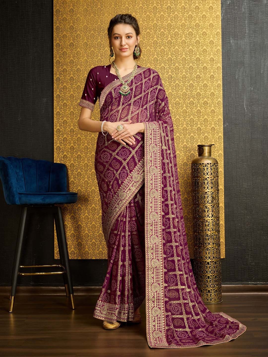 

Mitera Bandhani Printed Zari Pure Georgette Saree, Red