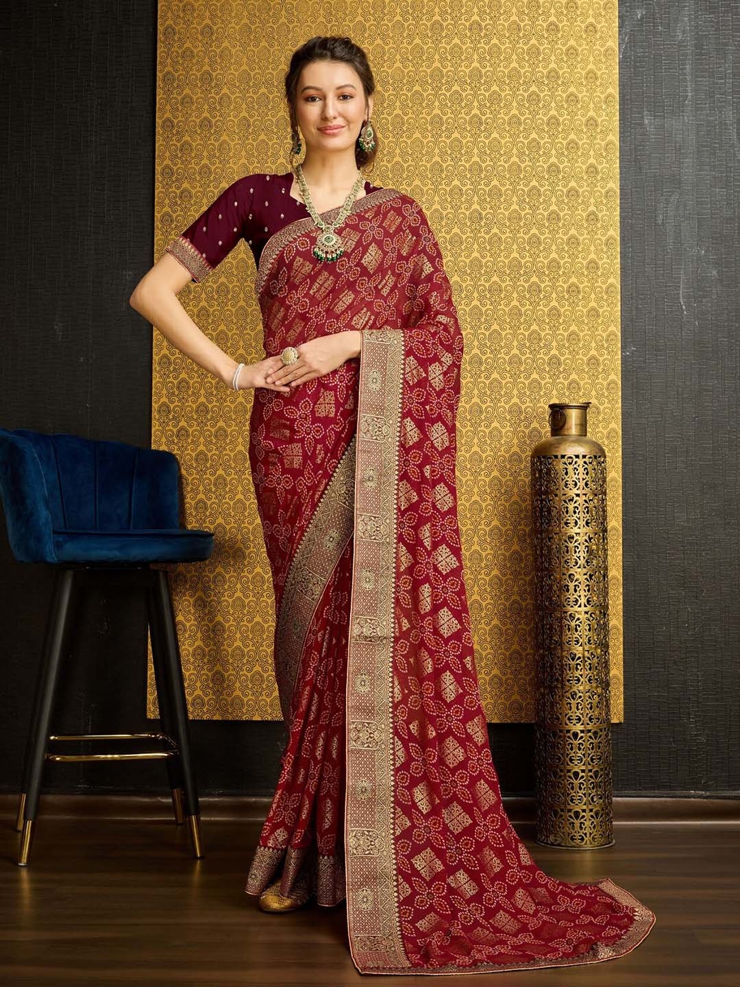Mitera Bandhani Printed Zari Pure Georgette Saree, Red