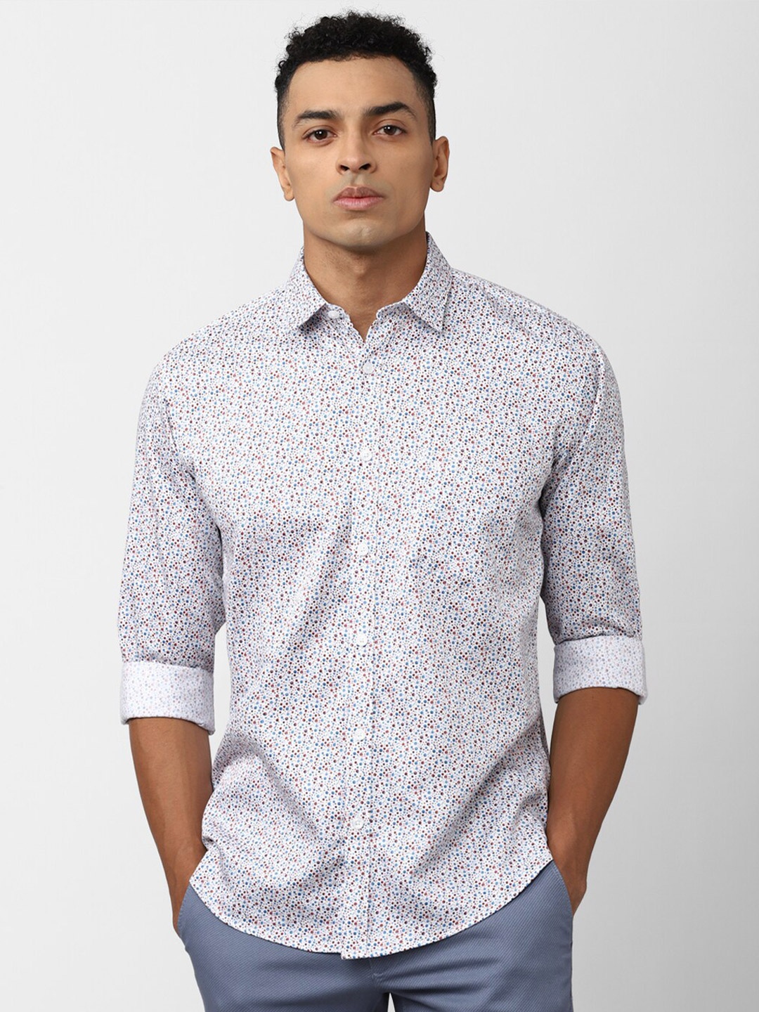 

V Dot Slim Fit Ethnic Motifs Printed Pure Cotton Formal Shirt, White