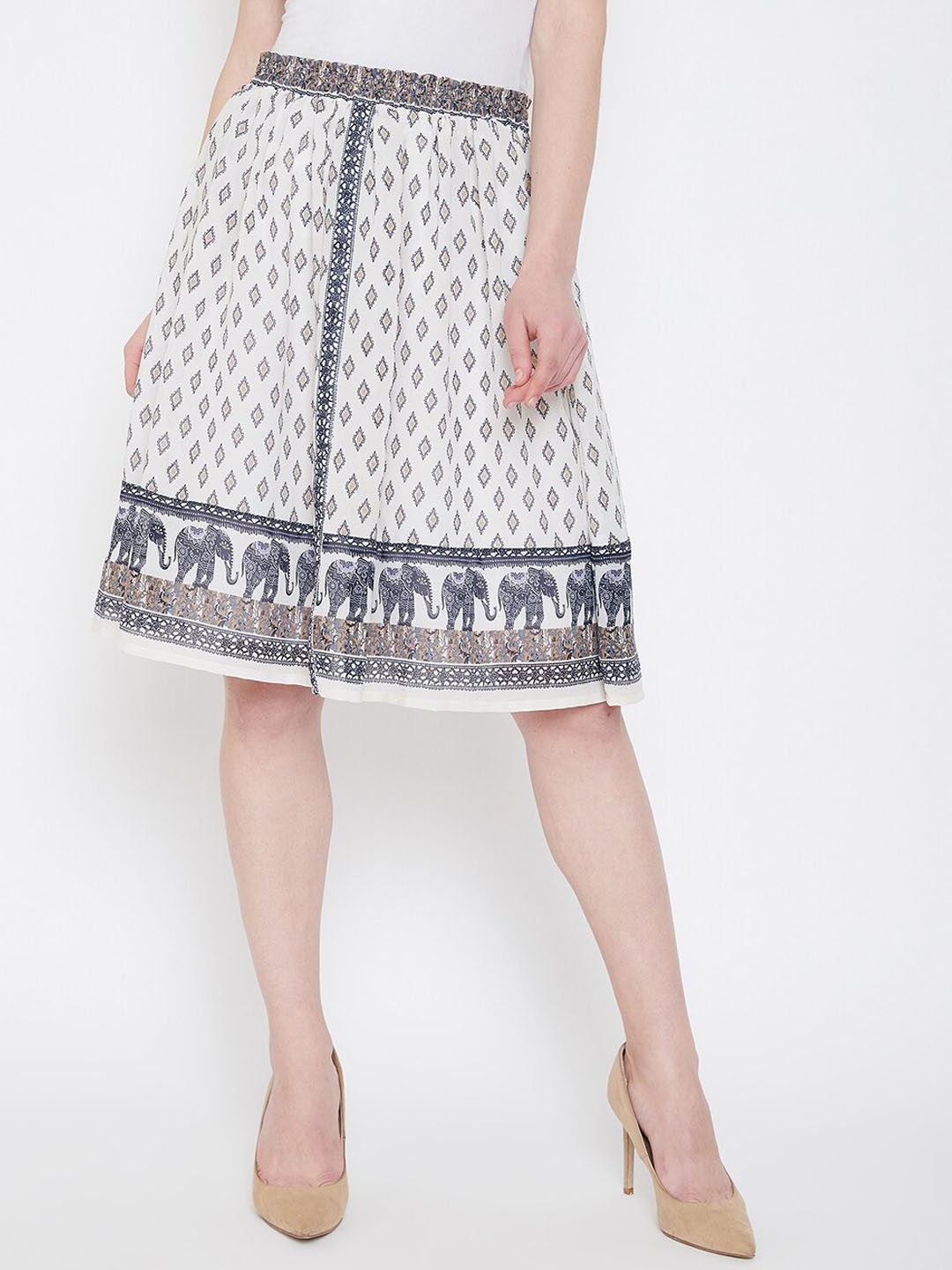 

Ruhaans Women's Printed Flared Knee Length Skirt, White