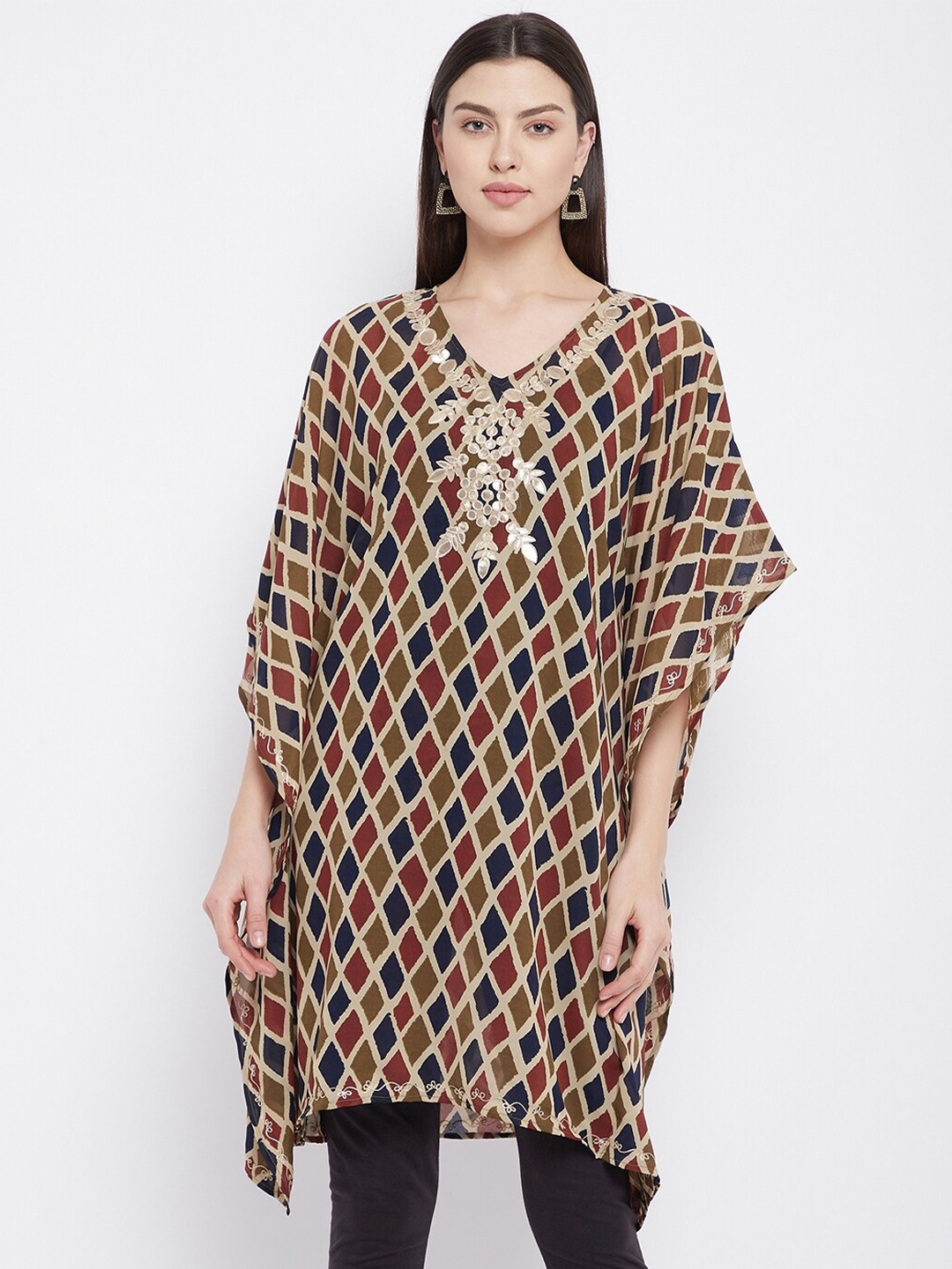 

Ruhaans Geometric Print V-Neck Kimono Sleeve Georgette Kaftan Longline Top, Maroon