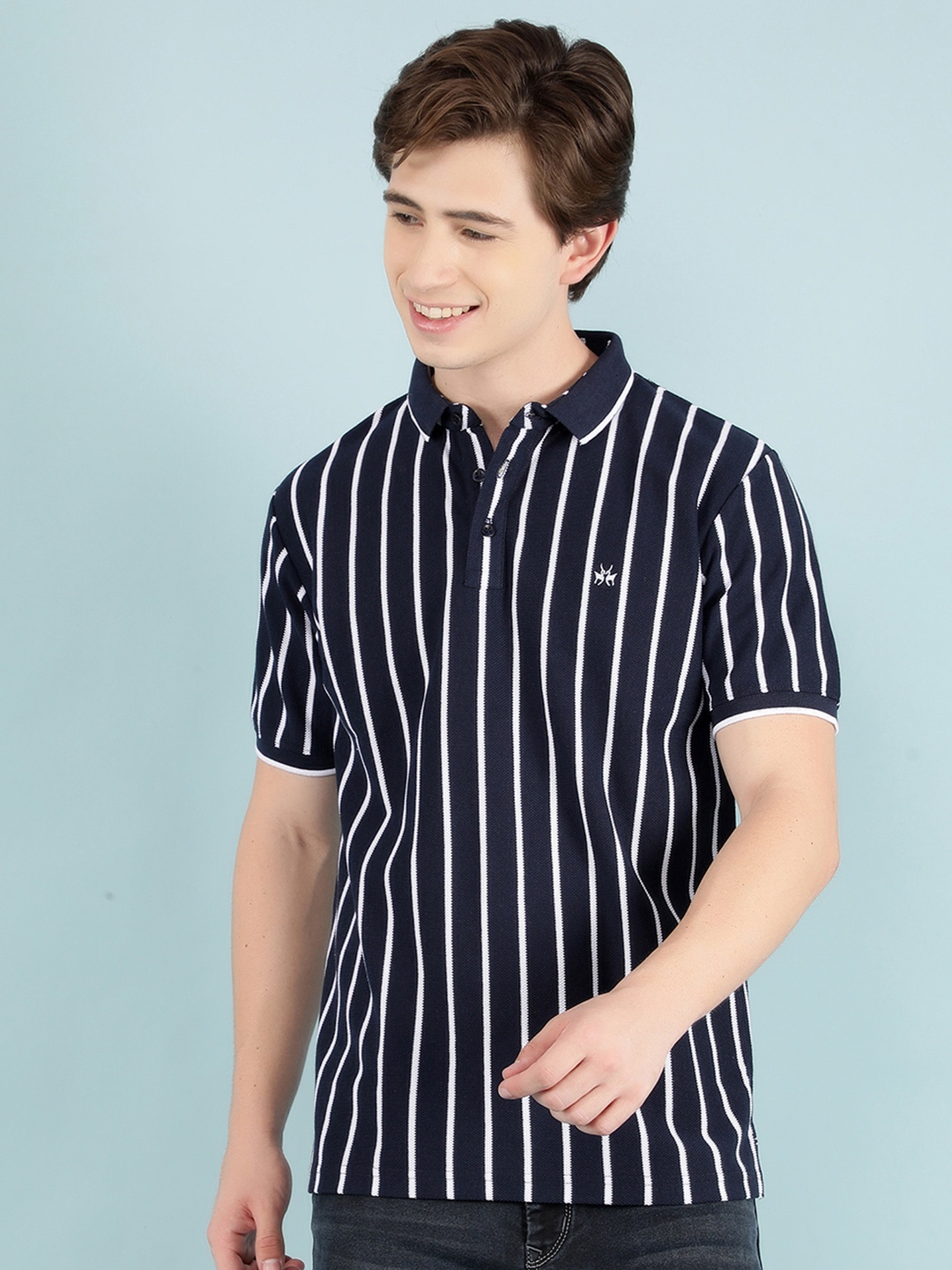 

Crimsoune Club Striped Polo Collar Slim Fit Cotton T-shirt, Navy blue