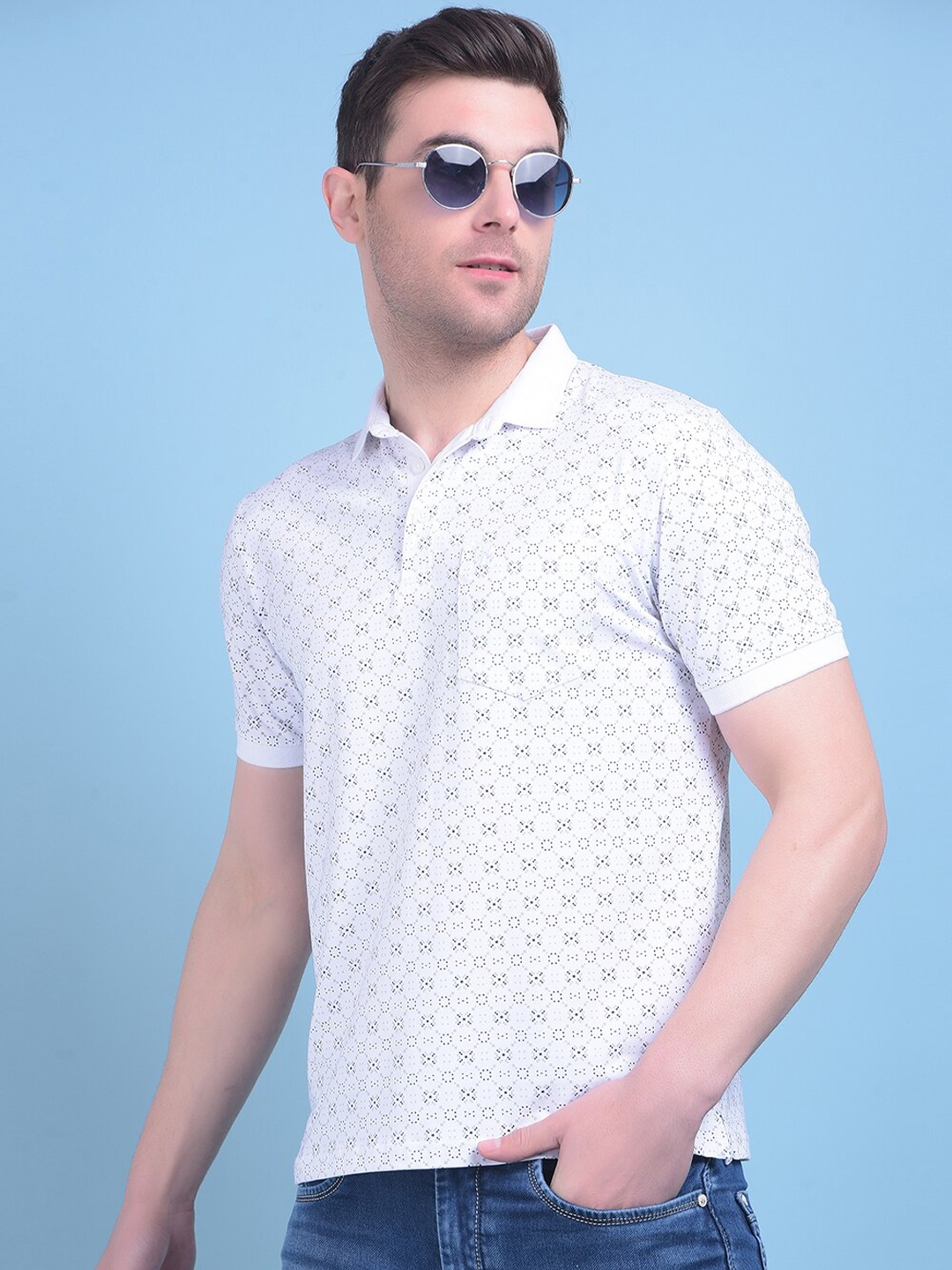 

Crimsoune Club Printed Polo Collar Pocket Slim Fit T-shirt, White