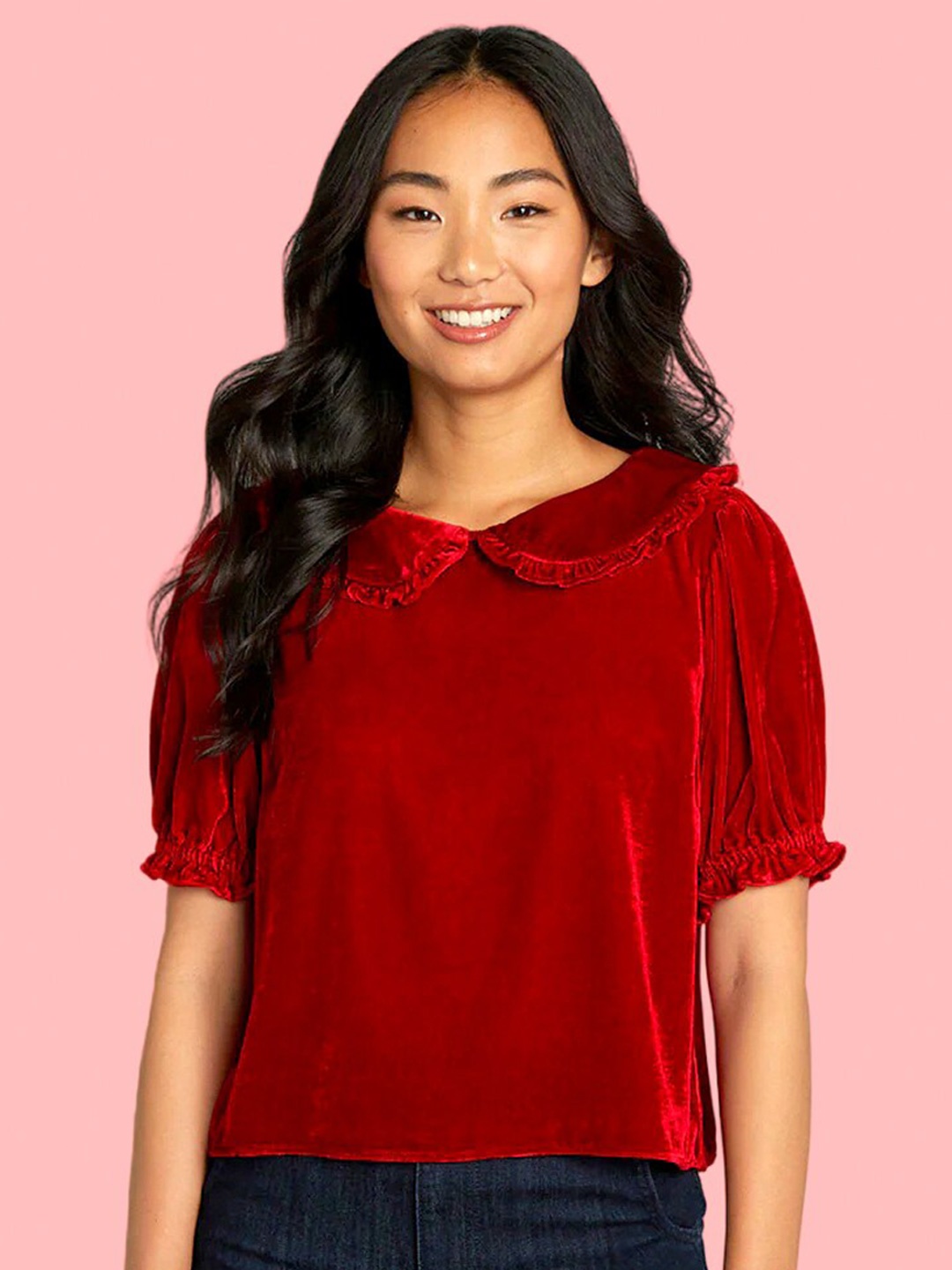 

Dracht Peter Pan Collar Velvet Top, Red