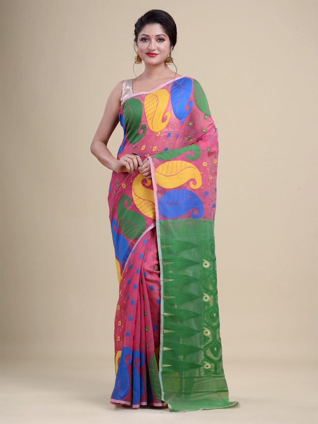 

HOUSE OF ARLI Paisley Pure Cotton Jamdani Saree, Green