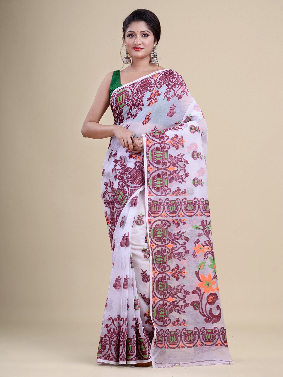 

HOUSE OF ARLI Woven Design Pure Cotton Jamdani Saree, White
