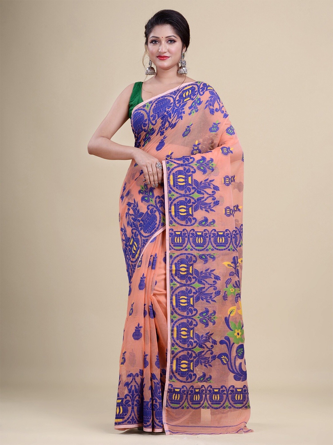 

HOUSE OF ARLI Woven Design Pure Cotton Jamdani Saree, Peach