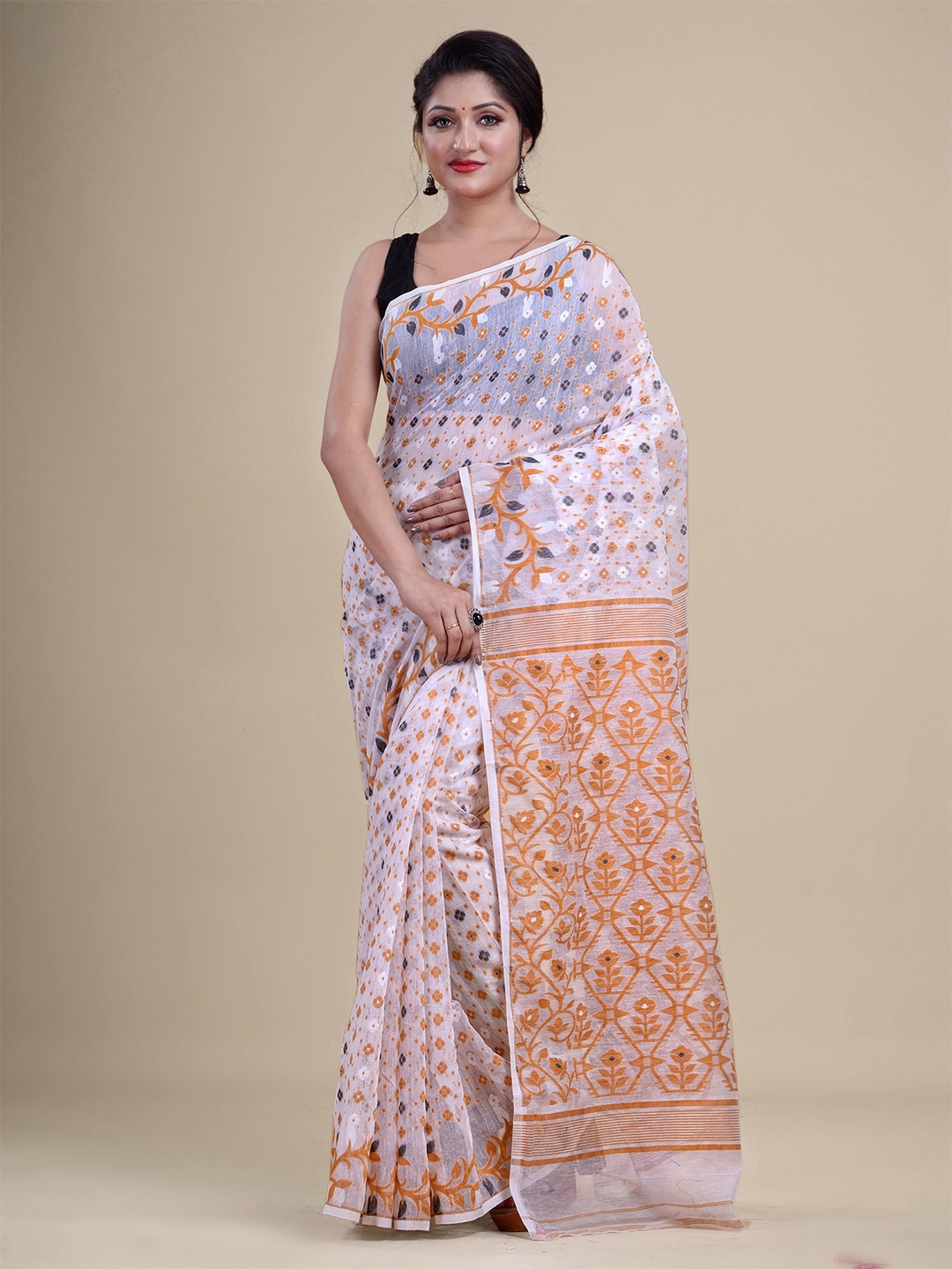 

HOUSE OF ARLI Ethnic Motifs Pure Cotton Jamdani Saree, White
