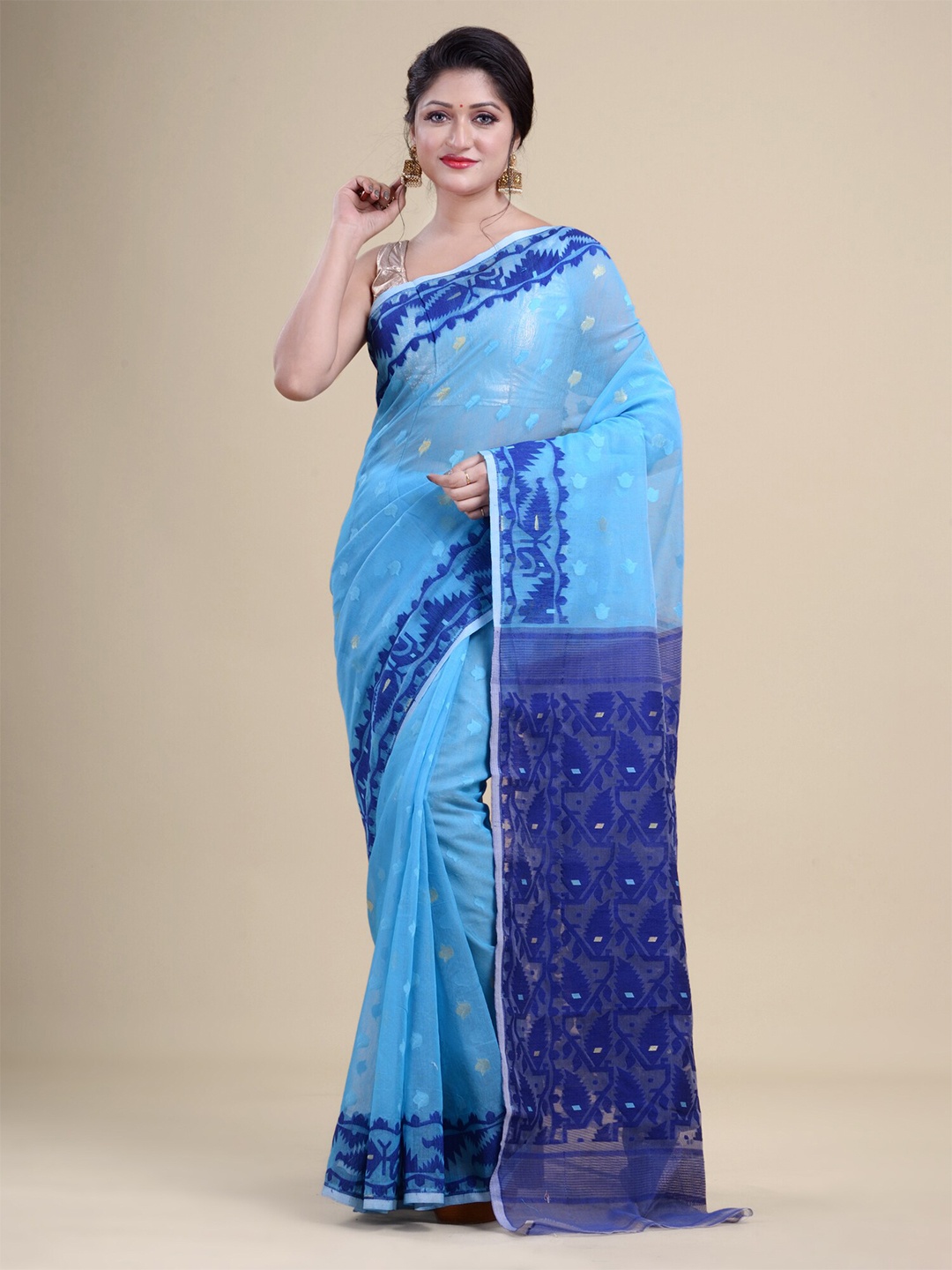 

HOUSE OF ARLI Ethnic Motifs Pure Cotton Jamdani Saree, Blue