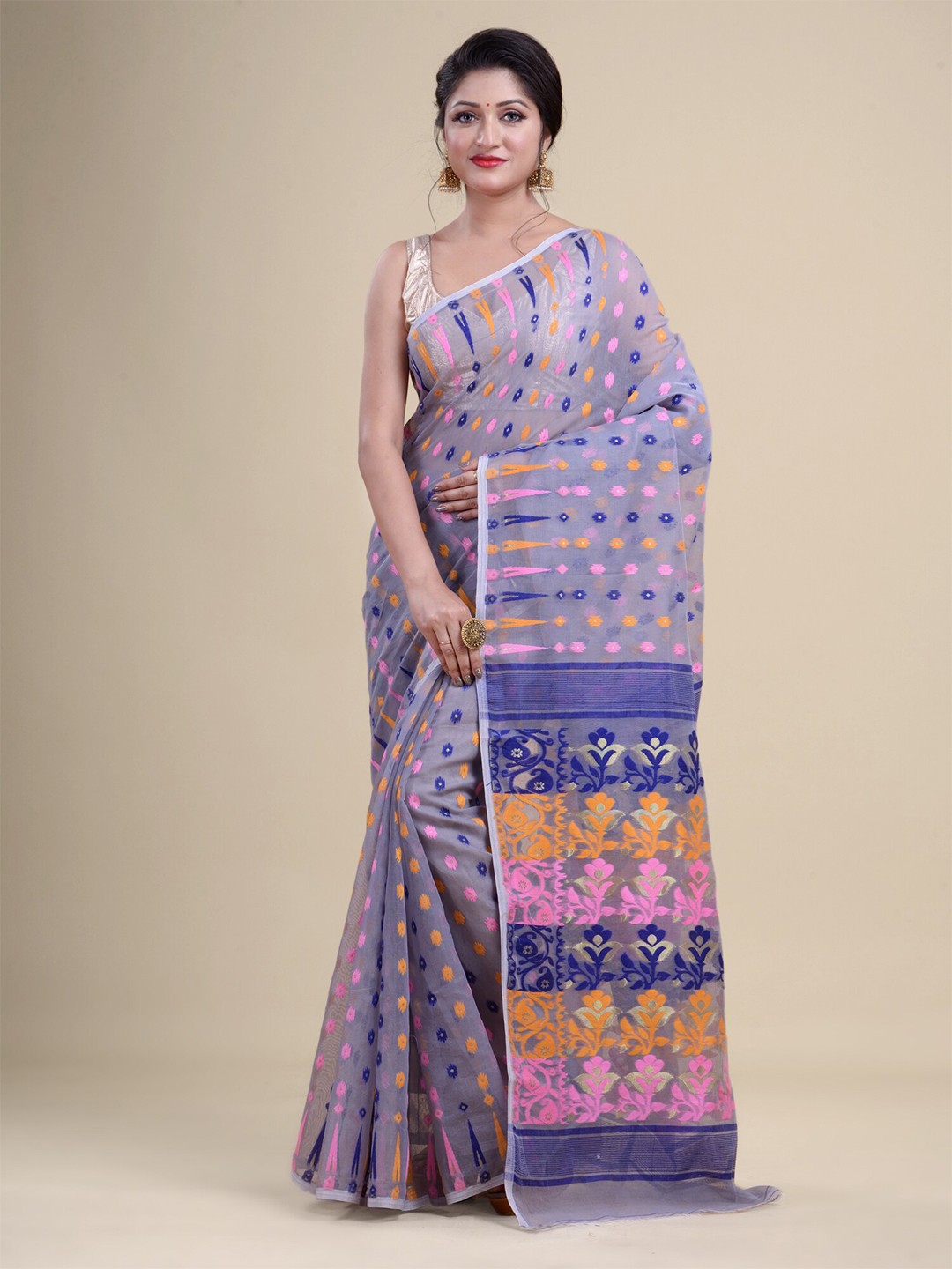 

HOUSE OF ARLI Woven Design Pure Cotton Jamdani Saree, Grey