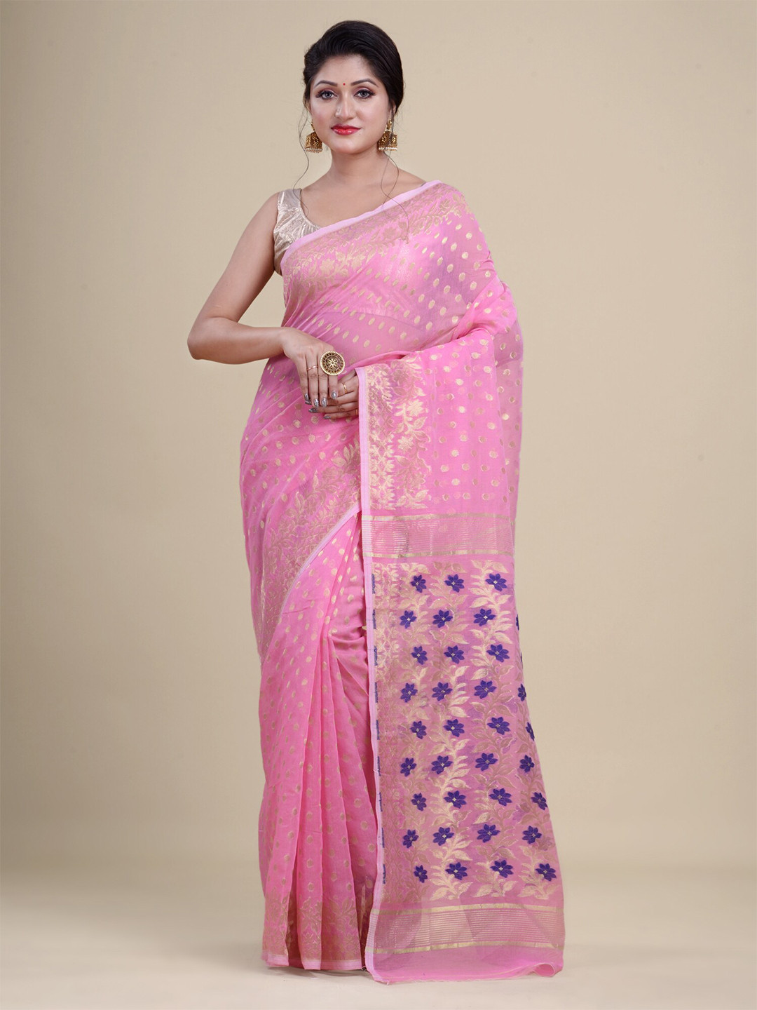 

HOUSE OF ARLI Woven Design Zari Pure Cotton Jamdani Saree, Pink