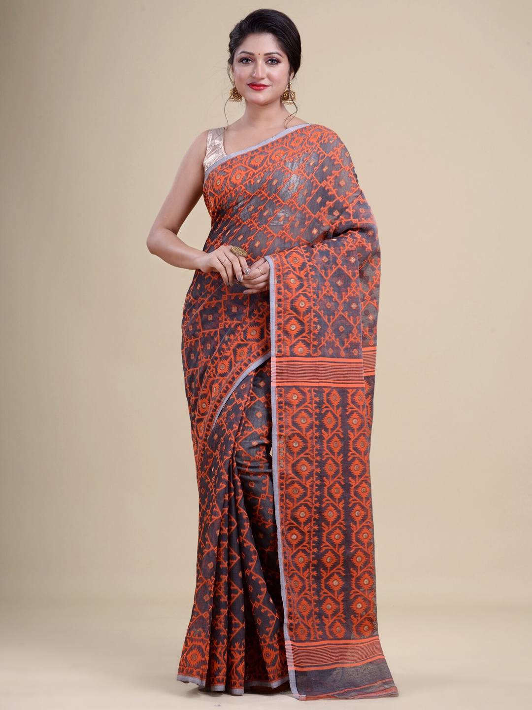 

HOUSE OF ARLI Ethnic Motifs Pure Cotton Jamdani Saree, Grey