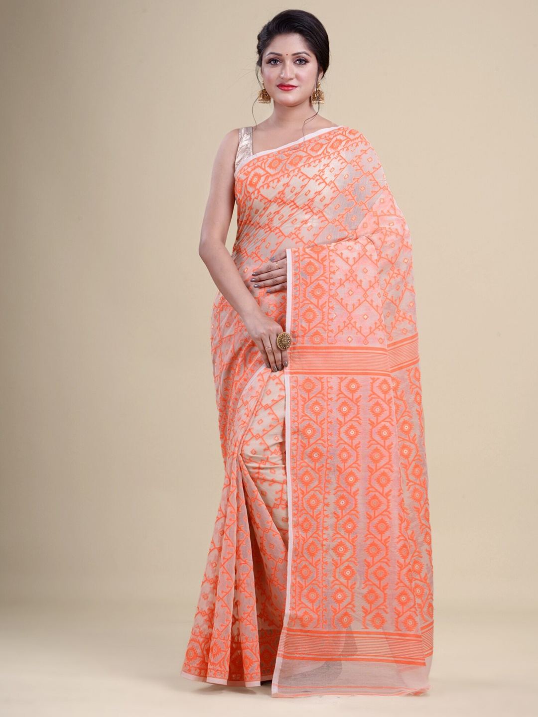 

HOUSE OF ARLI Woven Design Pure Cotton Jamdani Saree, Off white