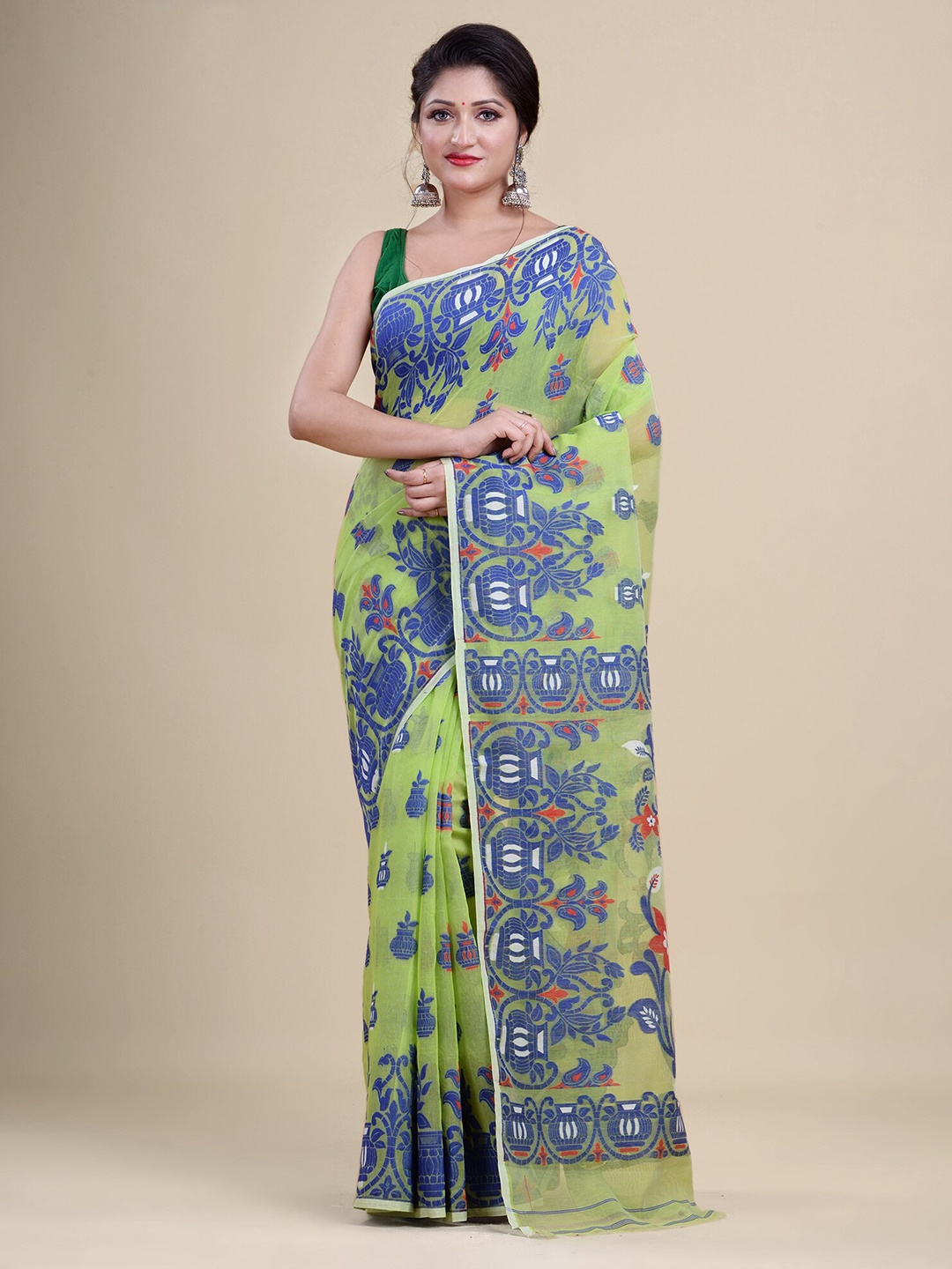 

HOUSE OF ARLI Woven Design Pure Cotton Jamdani Saree, Green