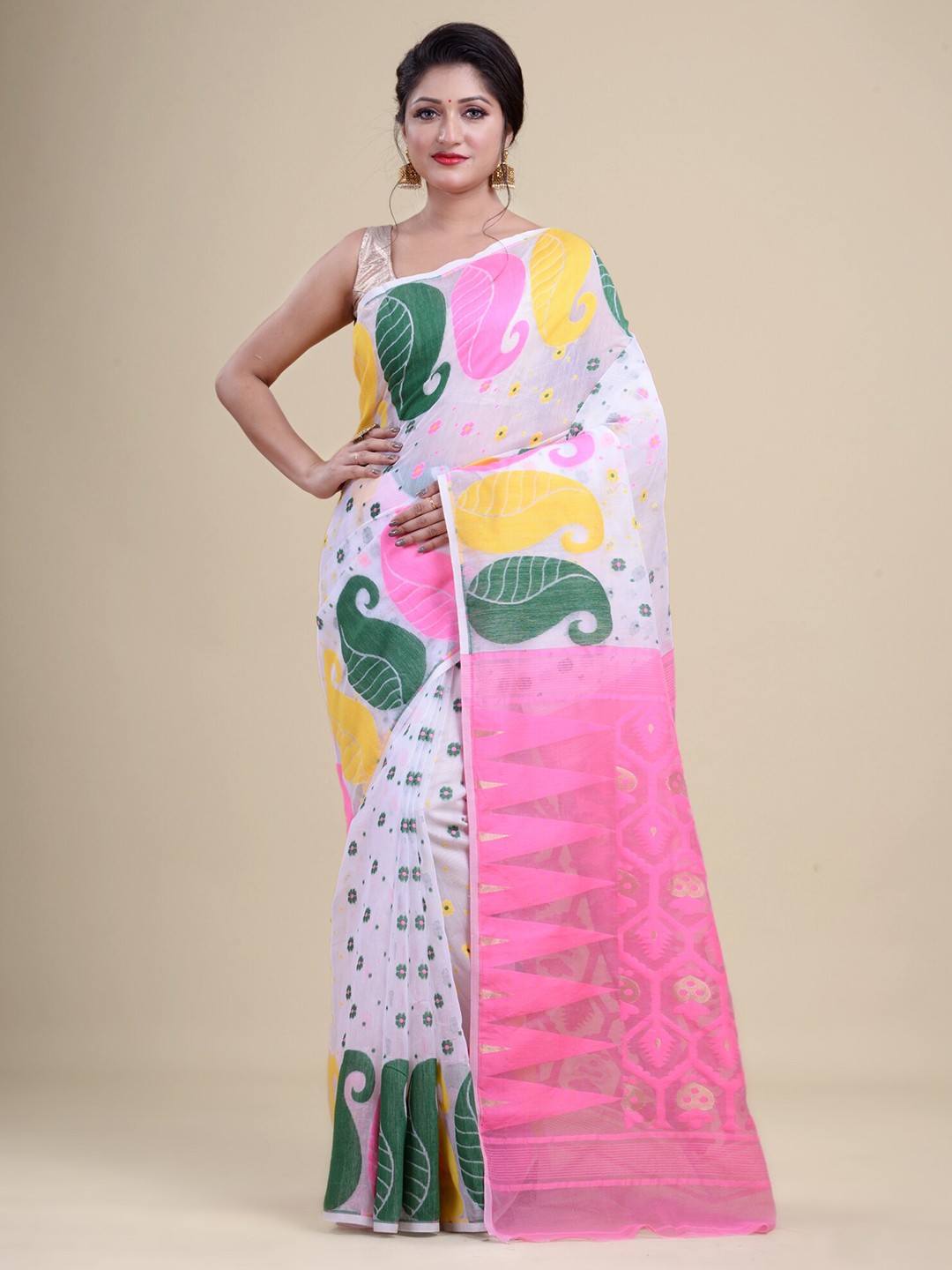 

HOUSE OF ARLI Woven Design Pure Cotton Jamdani Saree, White