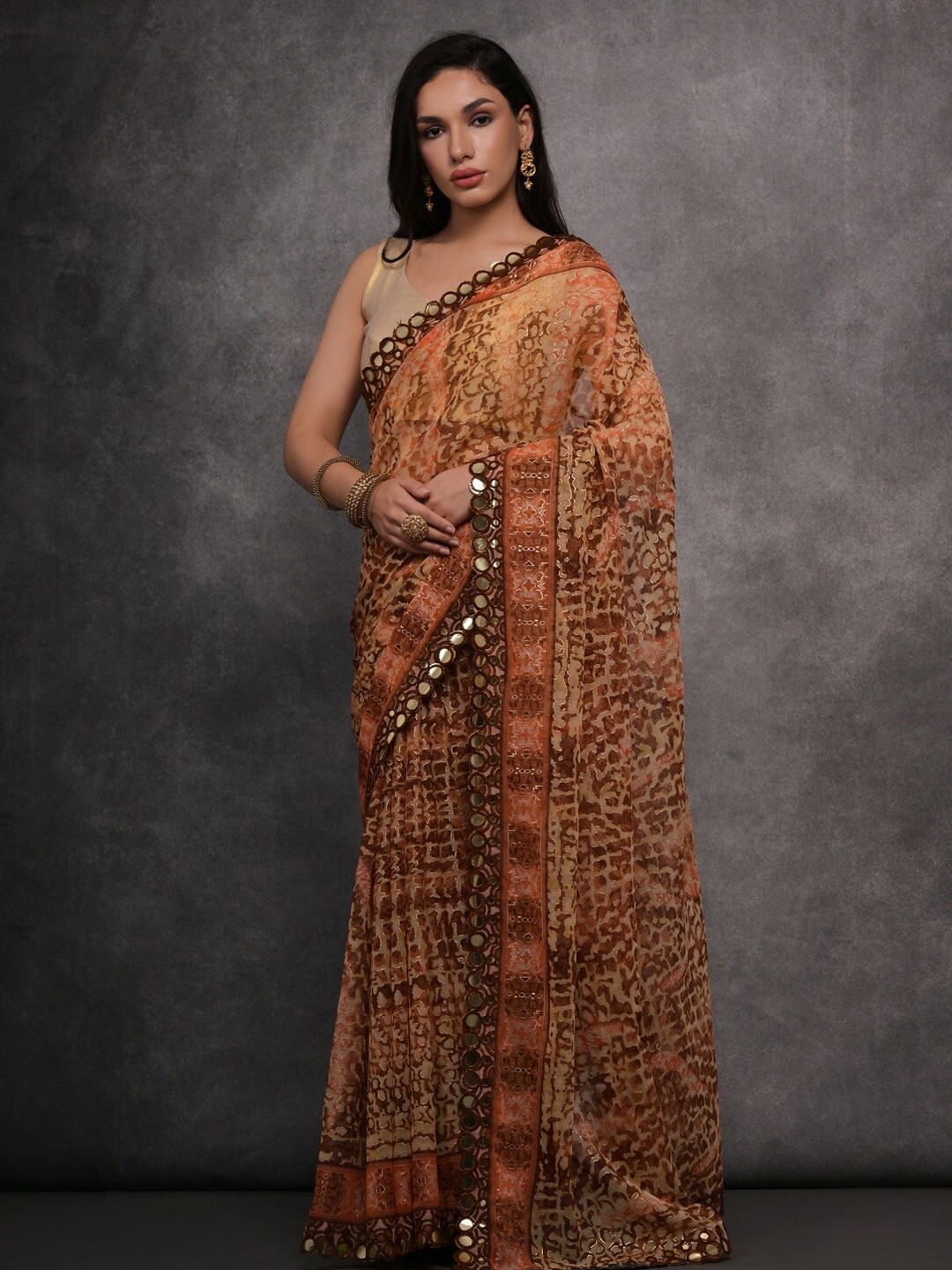 

Kalista Mirror Work Pure Georgette Saree, Brown