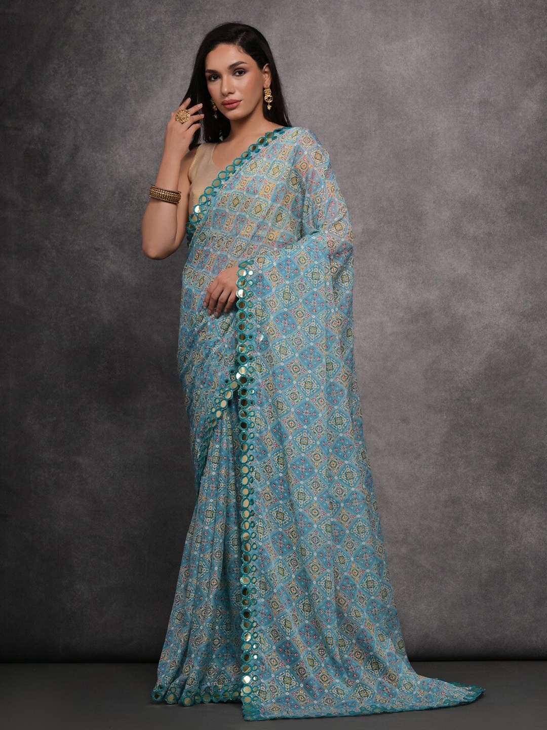 

Kalista Ethnic Motifs Mirror Work Pure Georgette Saree, Blue