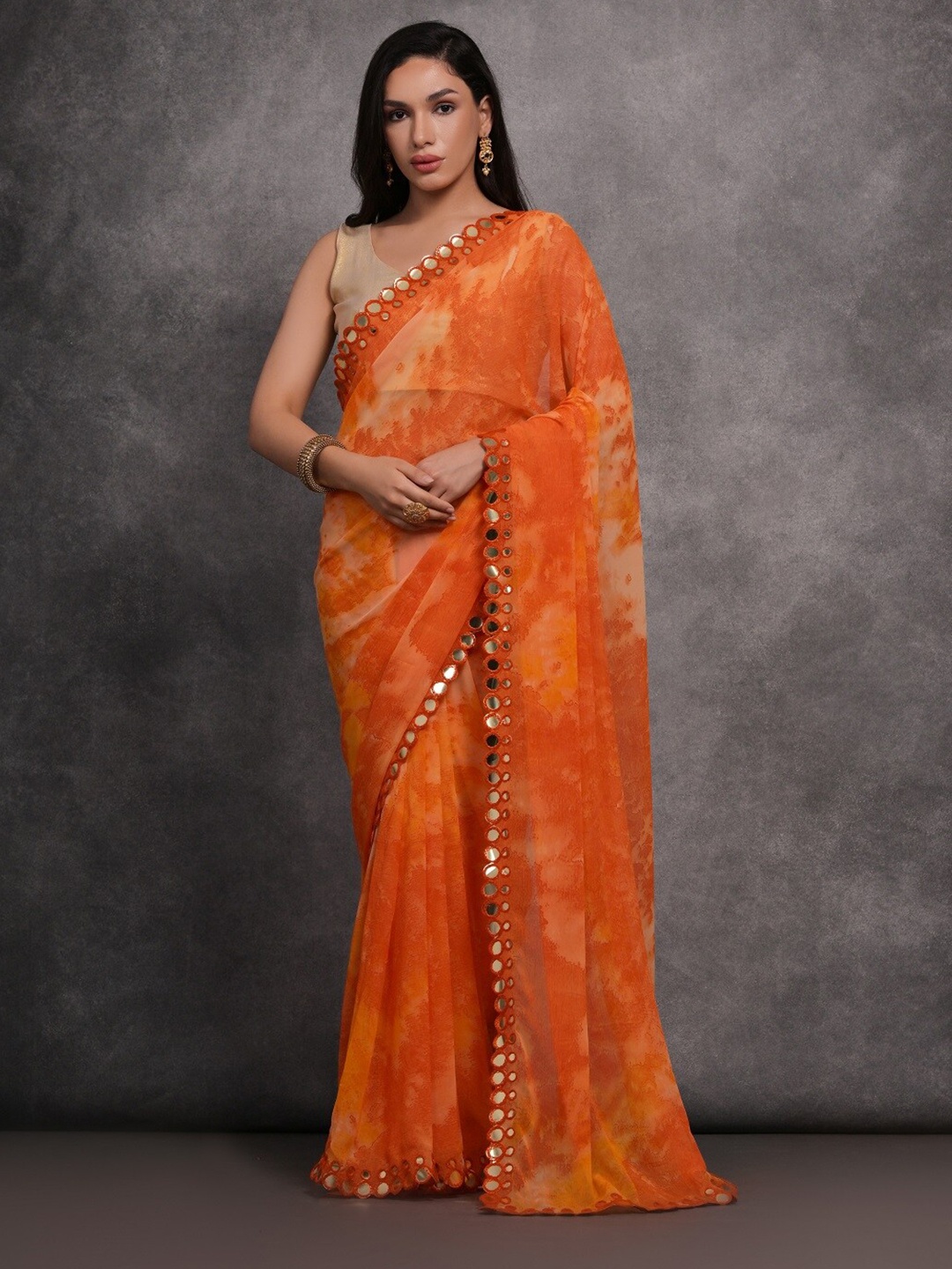 

Kalista Tie and Dye Mirror Work Pure Georgette Saree, Orange